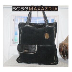 $495 BCBGMAXAZRIA Black Suede Leather Shopper Tote Shoulder Bag Purse w Hang Tag